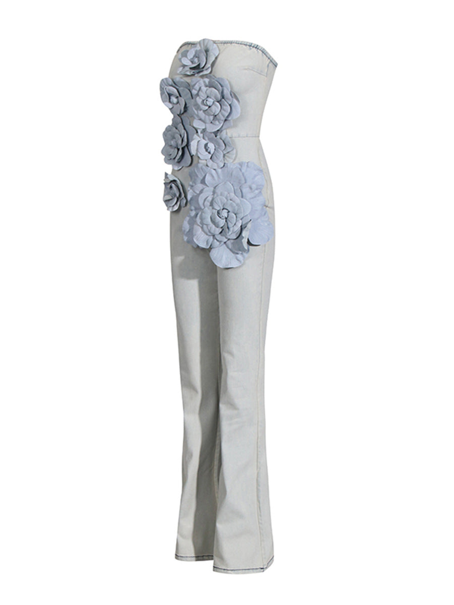 Flowering Girl Women Berlin Floral Denim Jumpsuit in Light Wash