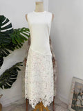 Flowering Girl Women Crew Neck Lace patchwork sleeveless maxi Dress - beige