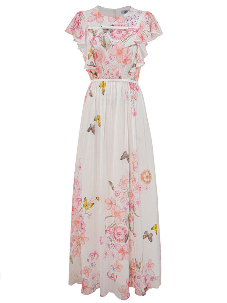 White Floral Flying Sleeves Maxi Dress