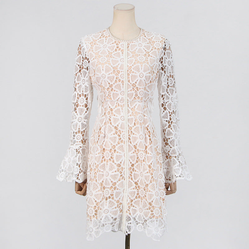 Flowering Girl Women Embroidered hollow mini dress in white
