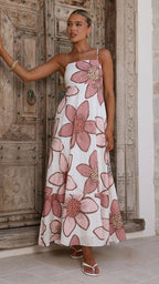 Flowering Girl Women penelope Botanic Pink Print Eyelet Maxi Dress