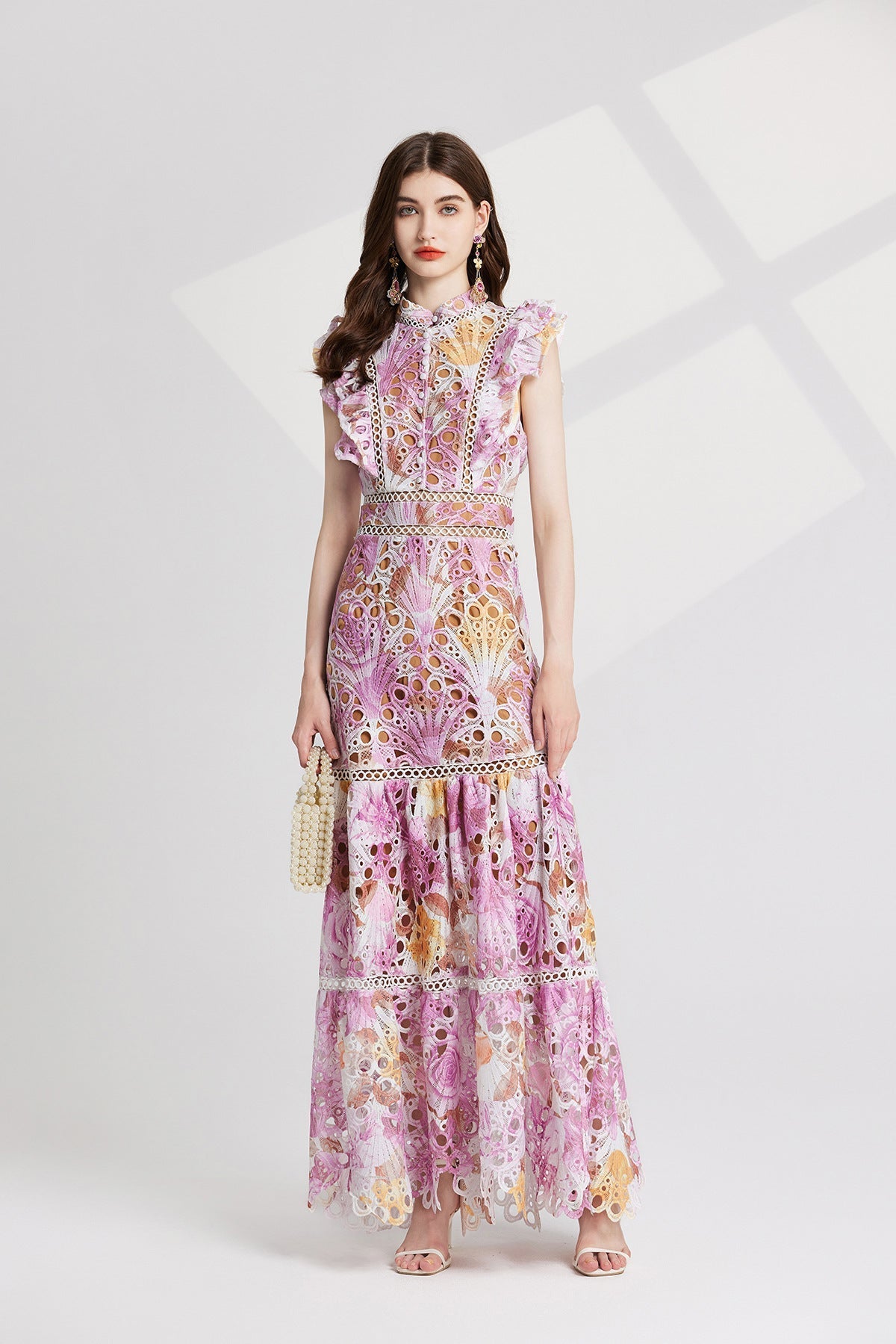 Flowering Girl Women chloe hollow out flower embroidery maxi dress in pink purple