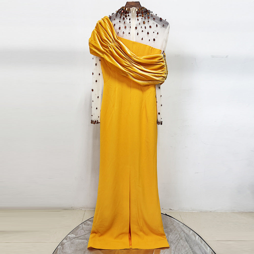 Flowering Girl Women Mesh-paneled beaded rhinestone-embellished maxi dress - yellow