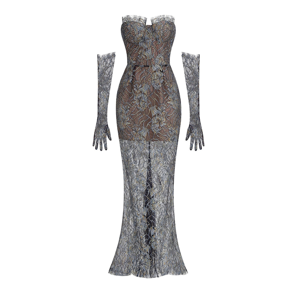 Shnovia Blue Strapless Embroidered Lace Maxi Dress With Gloves