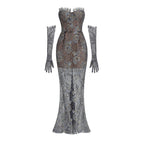 Shnovia Blue Strapless Embroidered Lace Maxi Dress With Gloves