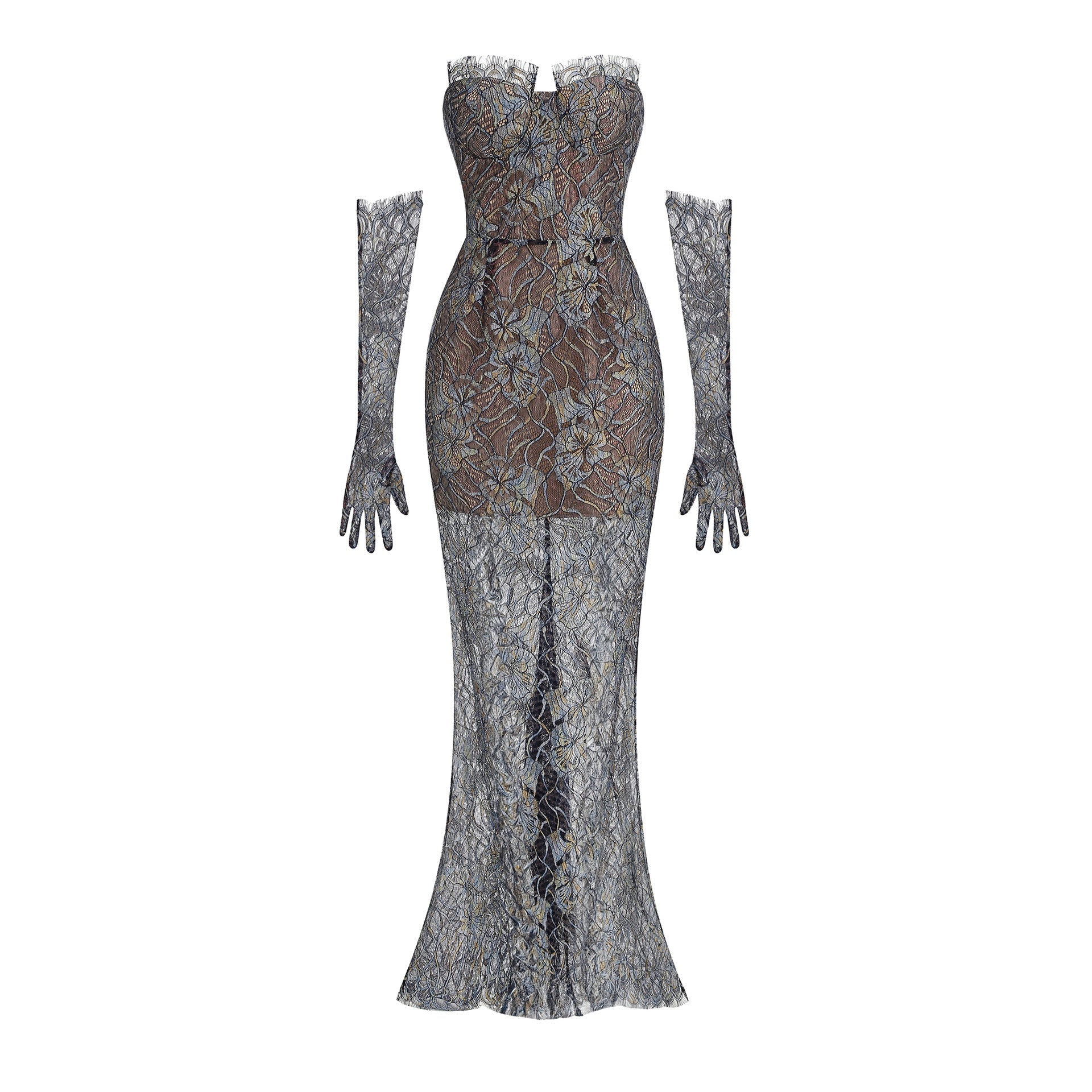 Shnovia Blue Strapless Embroidered Lace Maxi Dress With Gloves