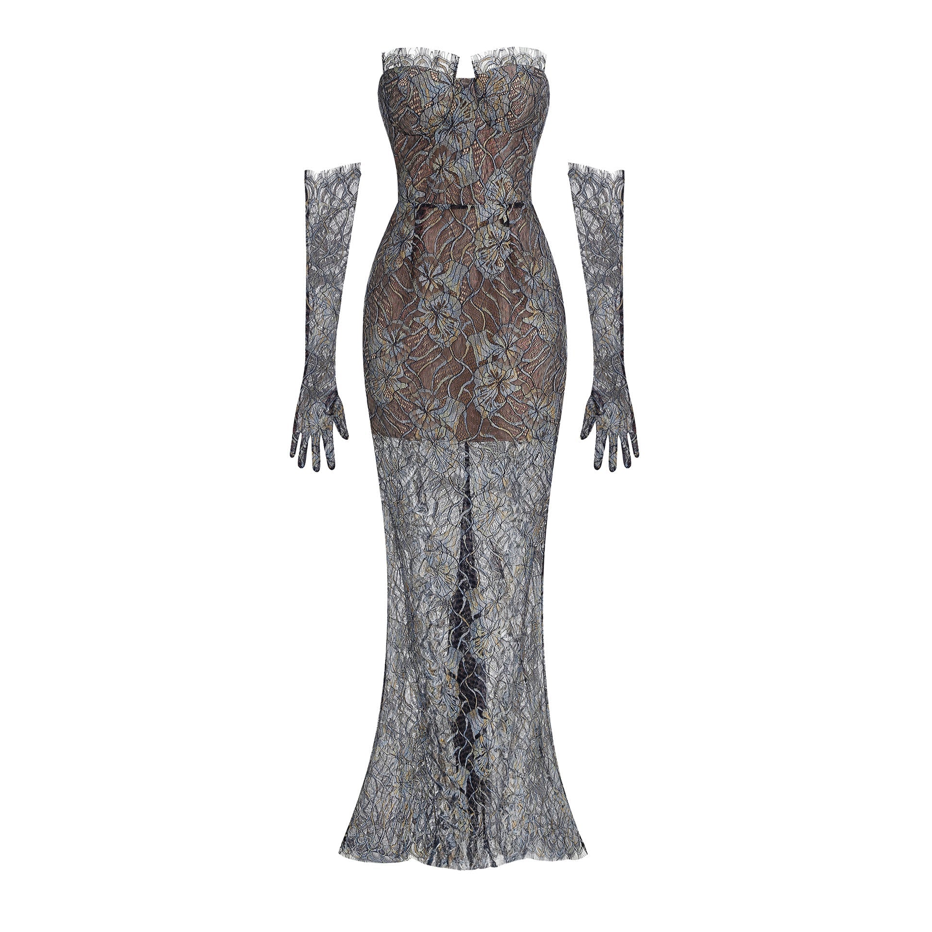 Shnovia Blue Strapless Embroidered Lace Maxi Dress With Gloves