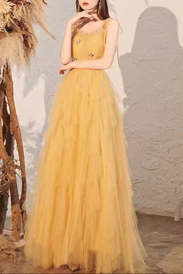 victoria rhinestone embellished tulle maxi dress - yellow