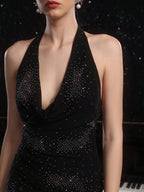 Flowering Girl Women Alison Halter v-Neck Sequin Bodycon Mini Dress In Black