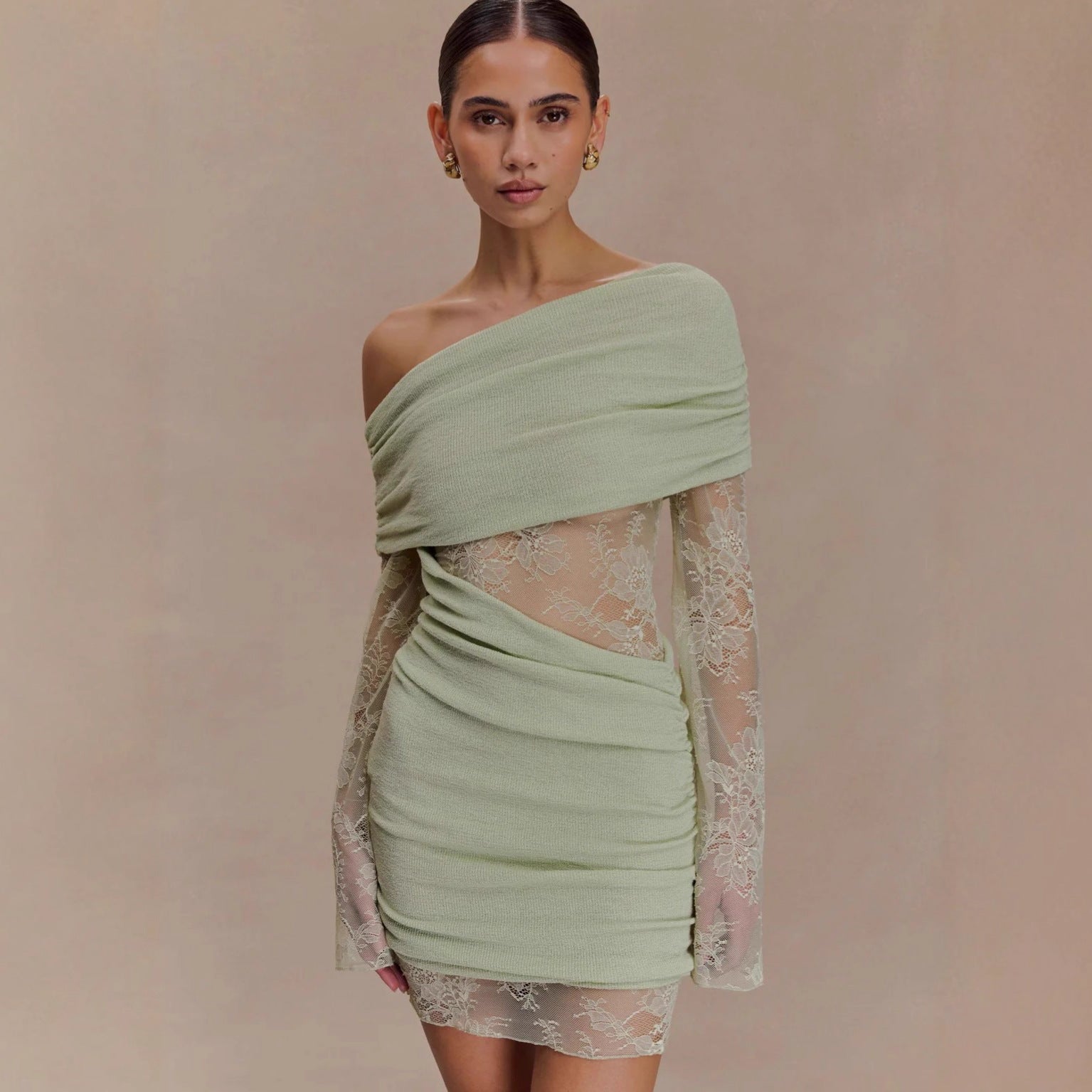 Matcha Lace Strapless Spliced Knitted Mini Dress