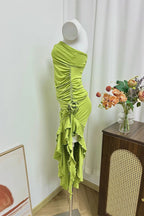 green flower side slit ruffled dress