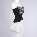Flowering Girl Women Butterfly Embroidered Bodice Puffball mini Dress in black