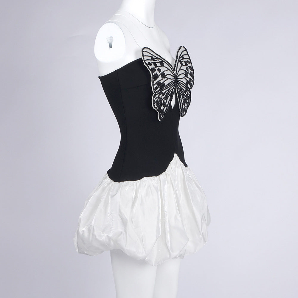 Flowering Girl Women Butterfly Embroidered Bodice Puffball mini Dress in black