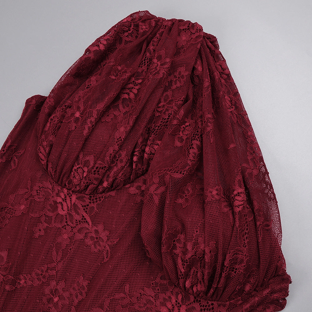Wendy One-Shoulder Lace Maxi Dress In Burgundy
