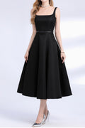 amelia square neck Satin Slip midi Dress - black