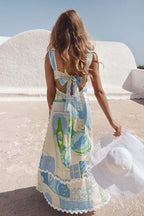 linen print backless bow tie dress