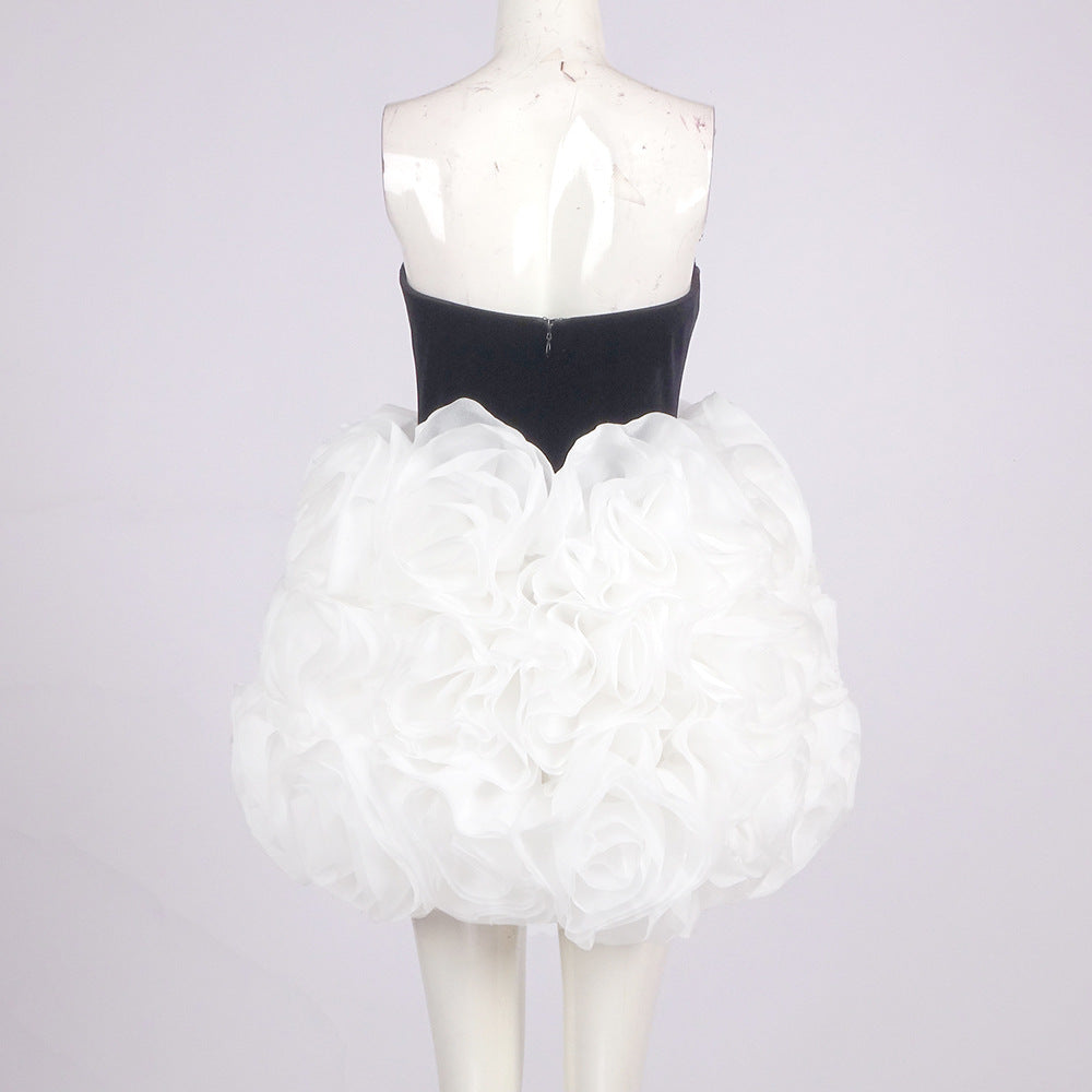 Flowering Girl Women tina white 3d flowers strapless black mini dress