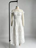 Flowering Girl Women Ruffled square neck embroidered backless slit maxi dress - white
