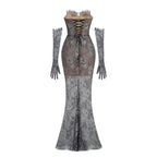 Shnovia Blue Strapless Embroidered Lace Maxi Dress With Gloves