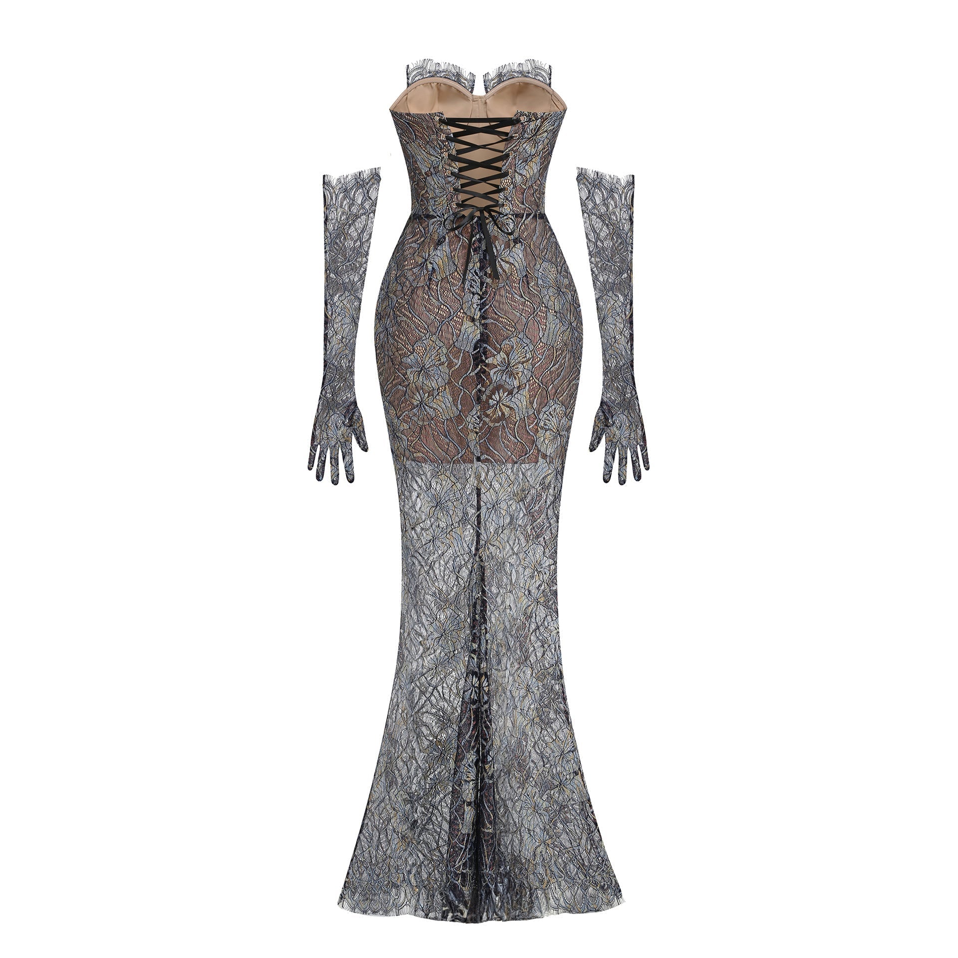 Shnovia Blue Strapless Embroidered Lace Maxi Dress With Gloves