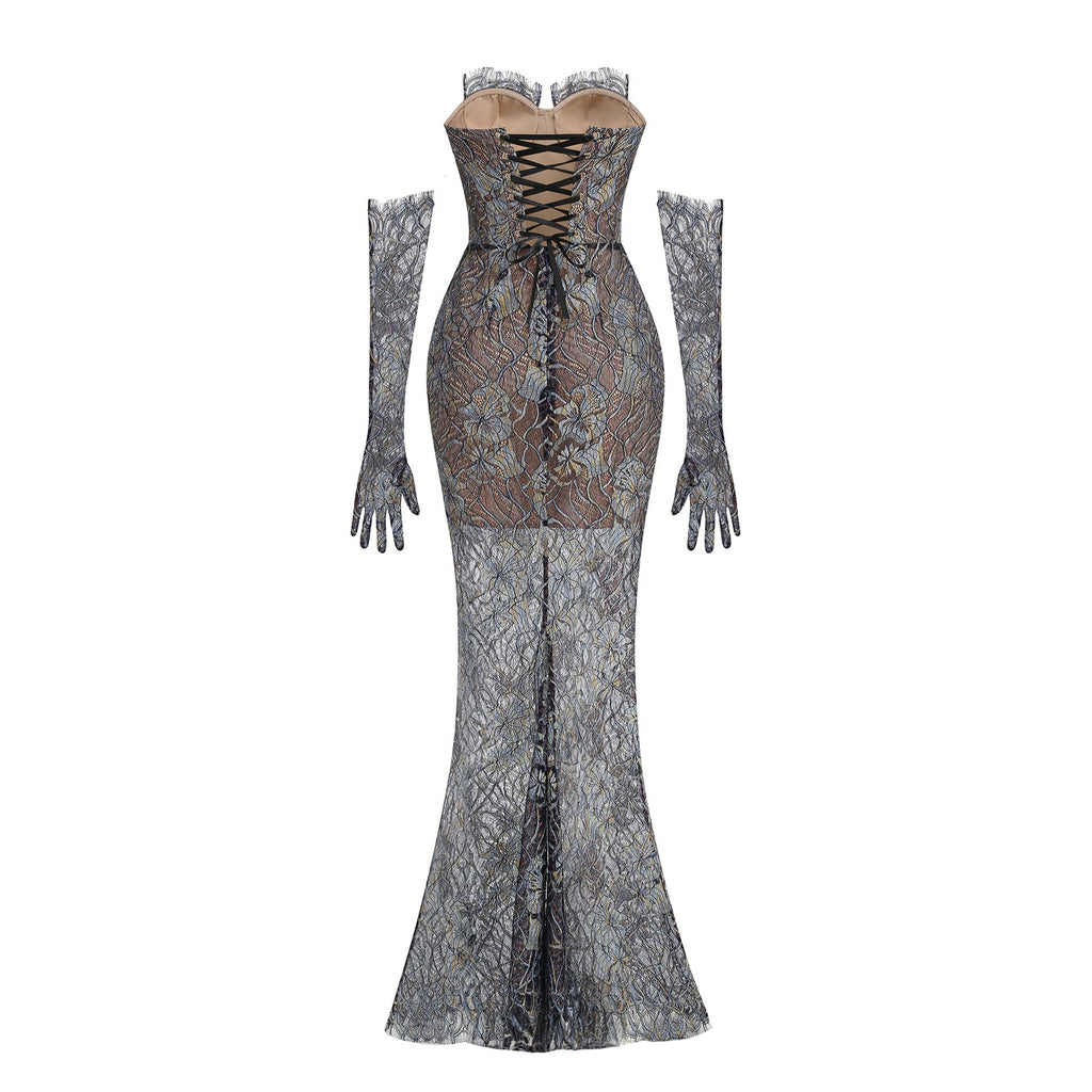 Shnovia Blue Strapless Embroidered Lace Maxi Dress With Gloves