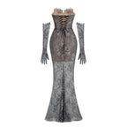Shnovia Blue Strapless Embroidered Lace Maxi Dress With Gloves