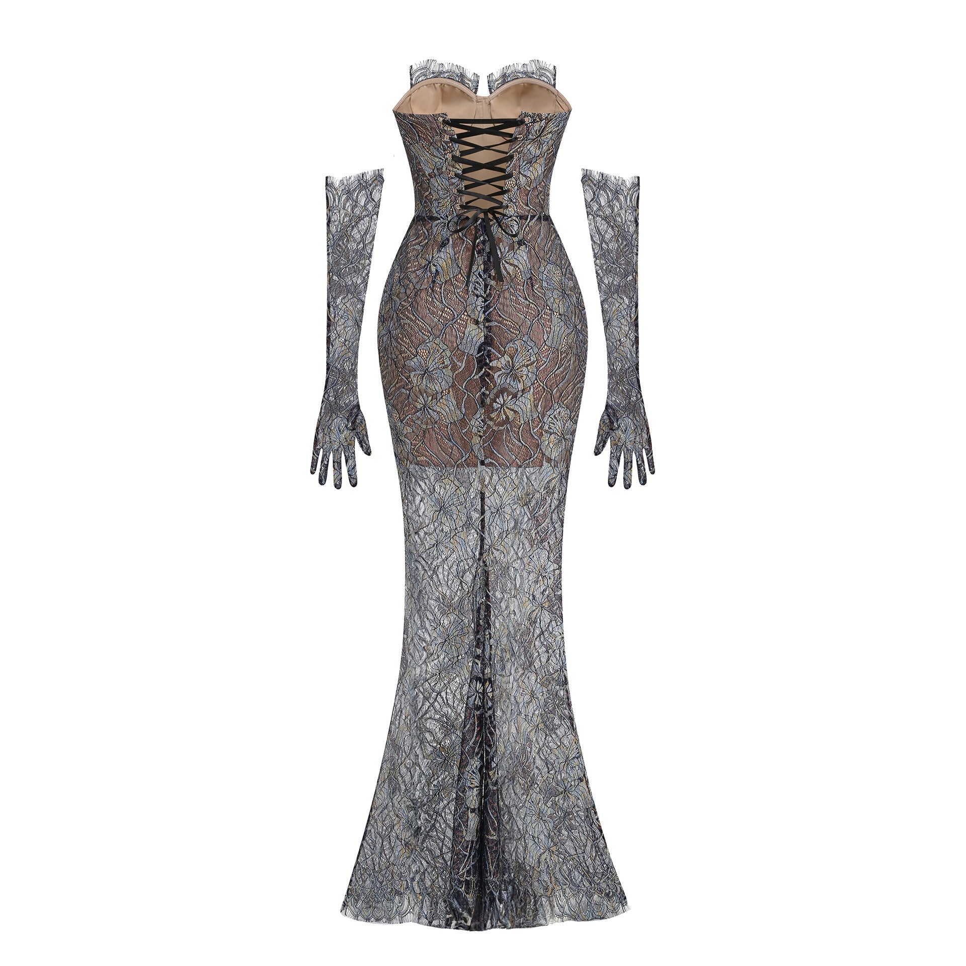 Shnovia Blue Strapless Embroidered Lace Maxi Dress With Gloves