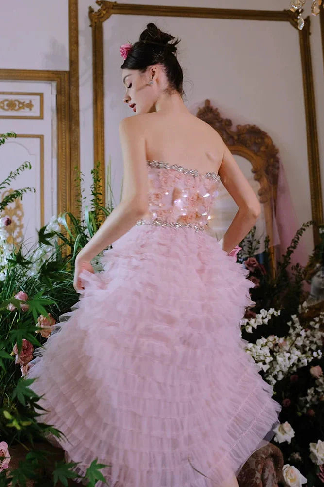Pink Princess layer ruffle midi floral Embroidery strapless Dress