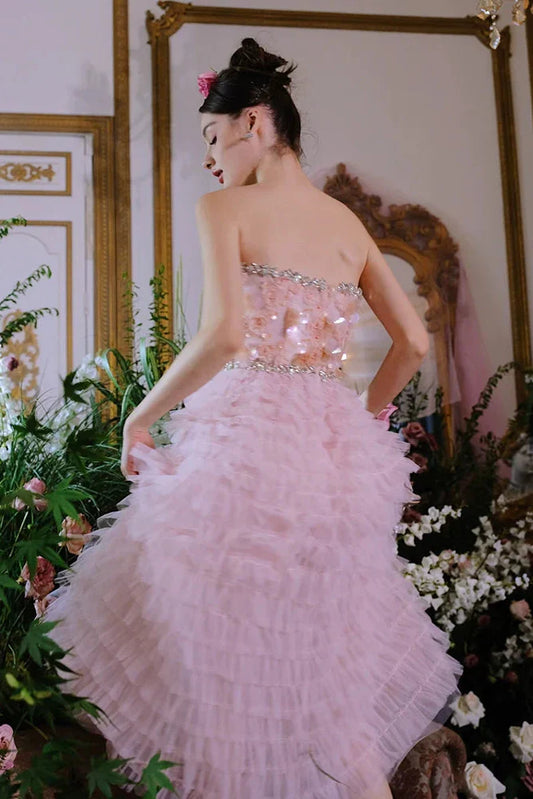 Pink Princess layer ruffle midi floral Embroidery strapless Dress