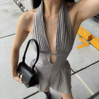 Flowering Girl Women V-Neck Open Back Polka Puffy Mini Dress In Gray