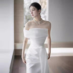 Lisa In a Simple Yet Elegant White French-Style One-Shoulder Mermaid Maxi Dress