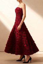 Flowering Girl Women Mona 3D Rose Petal Strapless Mesh Maxi Dress In Wine Red