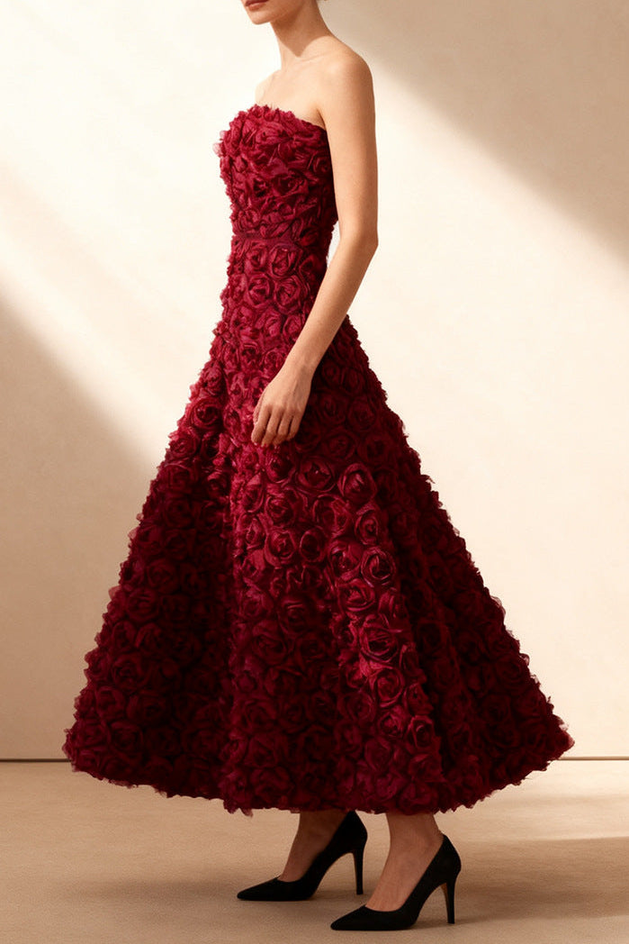 Flowering Girl Women Mona 3D Rose Petal Strapless Mesh Maxi Dress In Wine Red