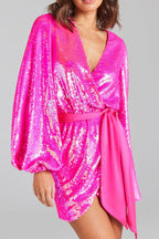 Flowering Girl Women Irregular Sequin Slit Mini Dress In Rose Red