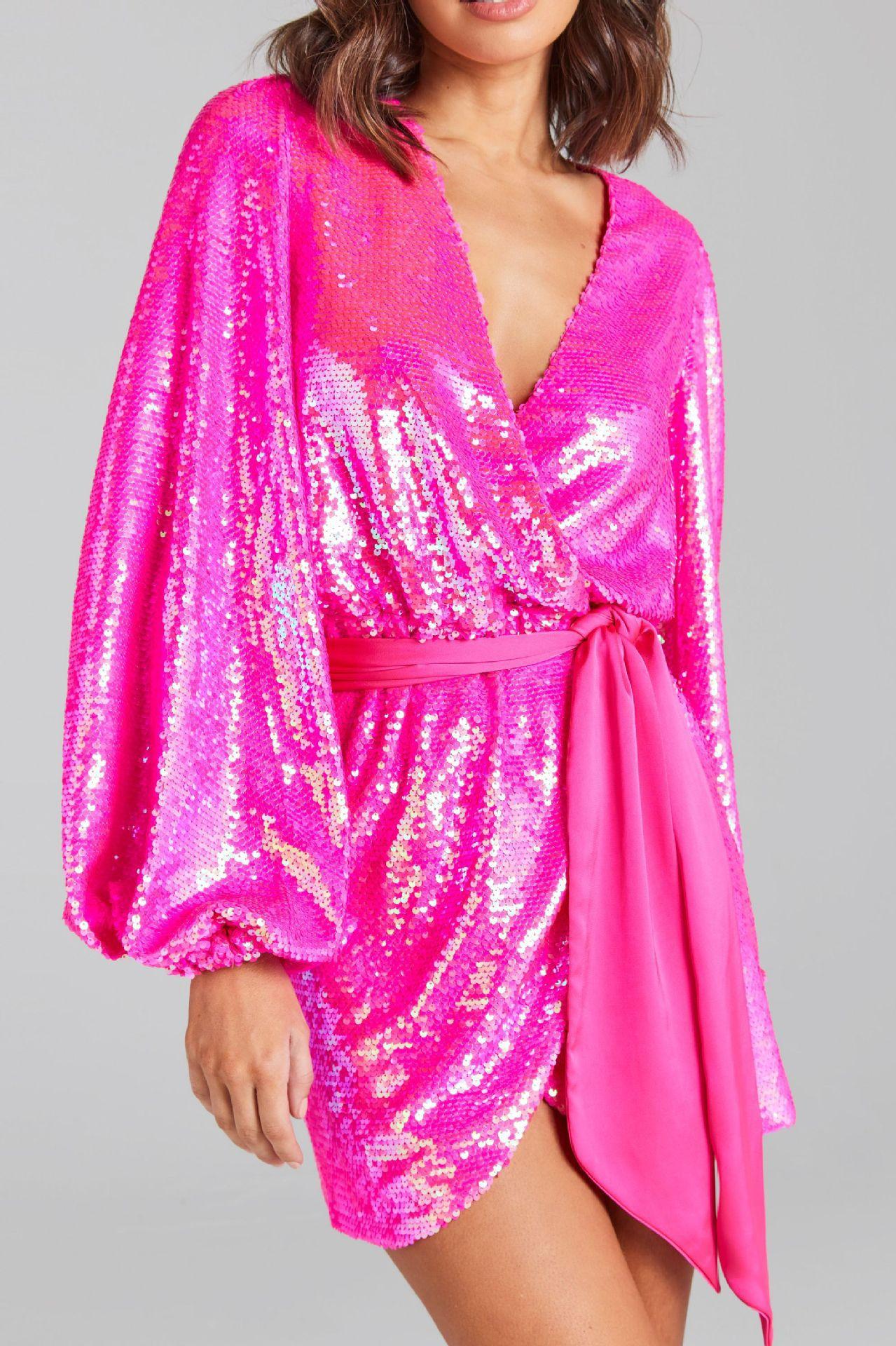 Flowering Girl Women Irregular Sequin Slit Mini Dress In Rose Red