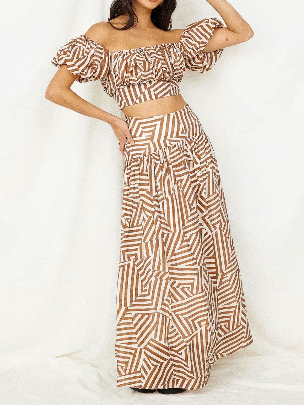 Flowering Girl Women Off Shoulder Puff Sleeve Striped Crop Top & Tiered Maxi Skirt Set
