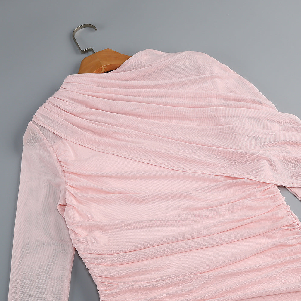 High-Neck Drapey Pleated Mesh Panel Maxi Dress In Pink