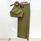 Flowering Girl Women beaded diamond halter top slit skirt suit in green