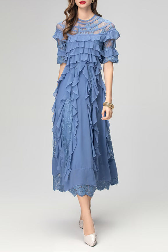 Flowering Girl Women Lorraine Lace Ruffle Trim Midi Dress In Blue