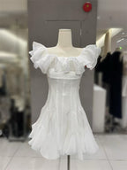 Flowering Girl Women stephanie off-shoulder ruffle trim mini dress in white