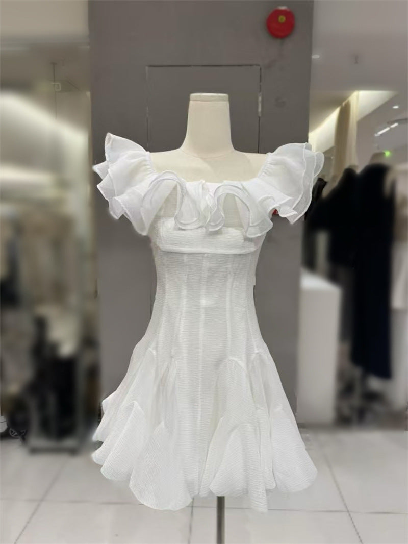 Flowering Girl Women stephanie off-shoulder ruffle trim mini dress in white