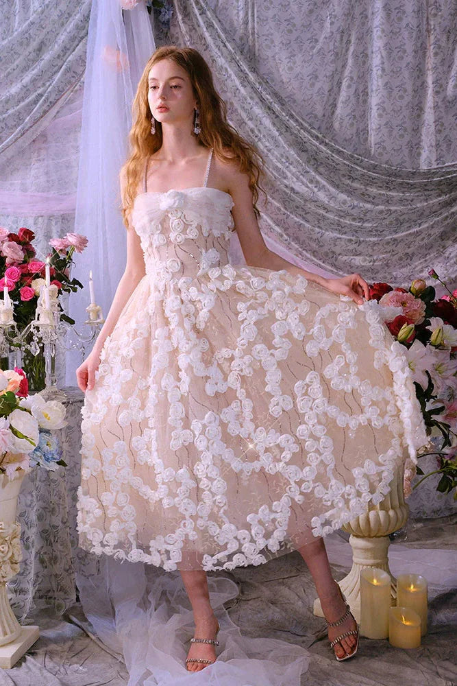 Leah White/Beige Sleeveless  Flower Dress