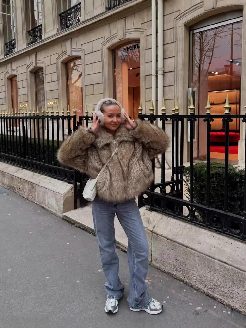 Flowering Girl Women warm imitation fur jacket in Light yellow