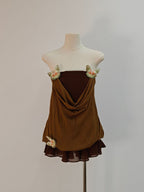 brown 3d Butterfly Fishbone Tunic Top Mini skirt Set