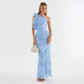 novia one-shoulder 3d flower embroidery bodycon maxi dress - blue