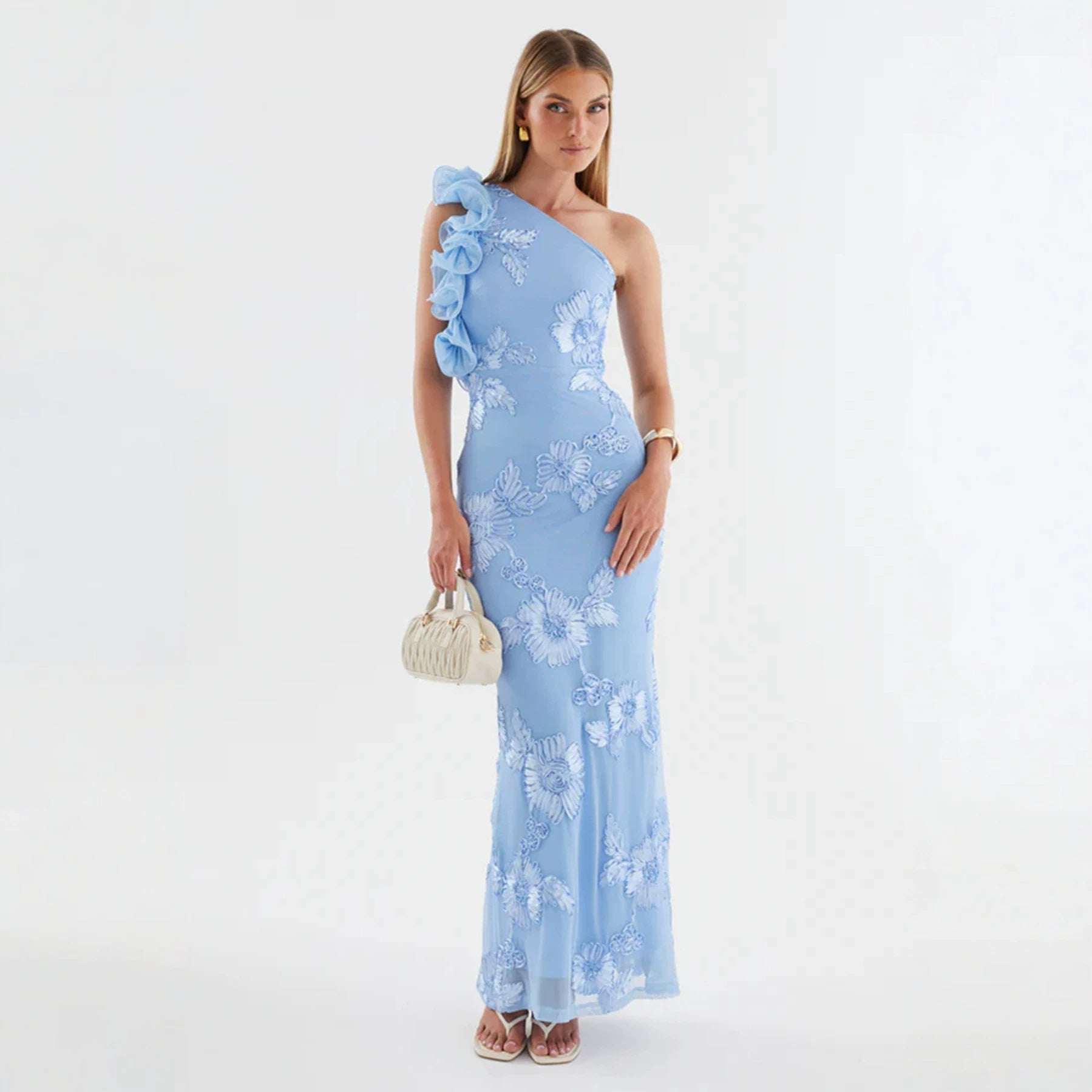 novia one-shoulder 3d flower embroidery bodycon maxi dress - blue