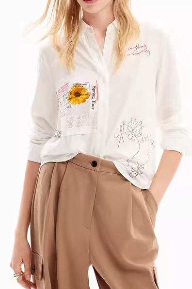 White Sunflower & Text Print Long Sleeve Button-Down Shirt