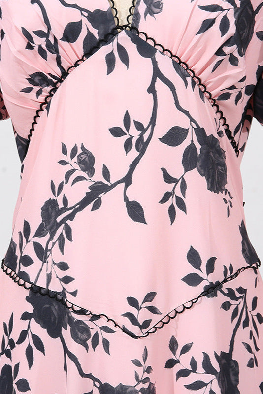 Flowering Girl Women v-Neck Satin Floral Midi Dress In Pink