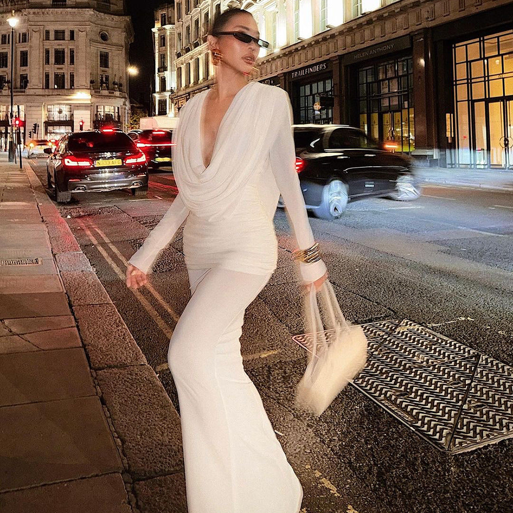 Flowering Girl Women long sleeve draped cowl neck maxi dress in white