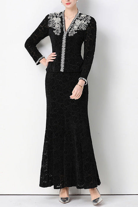 Flowering Girl Women georgia Beaded V-neck lace top & fishtail skirt set - black